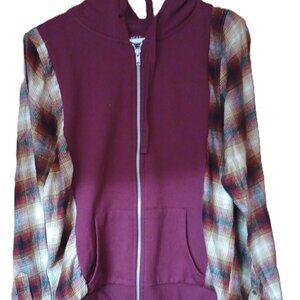 Upcycled Reworked Custom Hoodie Flannel sleeves sweatshirt Zip up